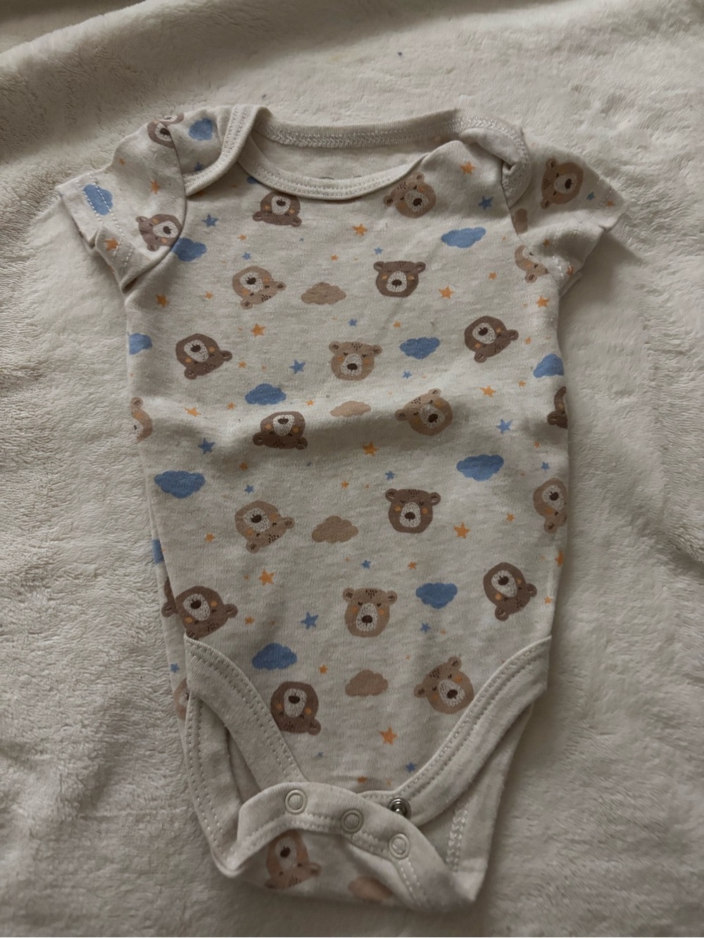 Neutral Bear Print One-Piece Bodysuit - Cream with Blue & Brown Accents